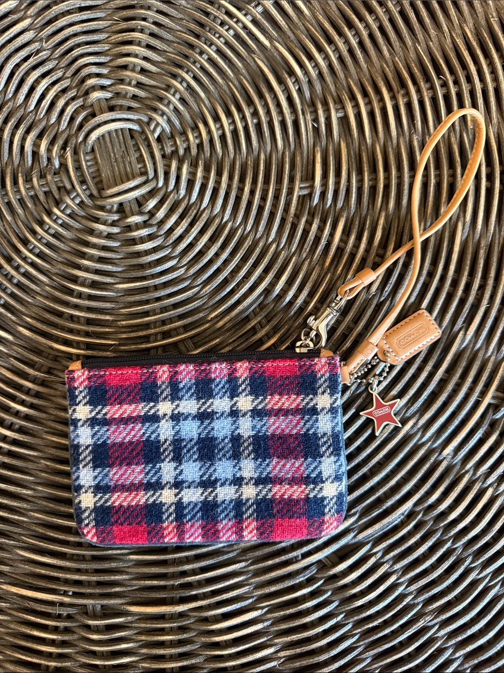 Vintage Y2K Coach Plaid Wristlet in Navy, Red, White with Tan Leather Strap